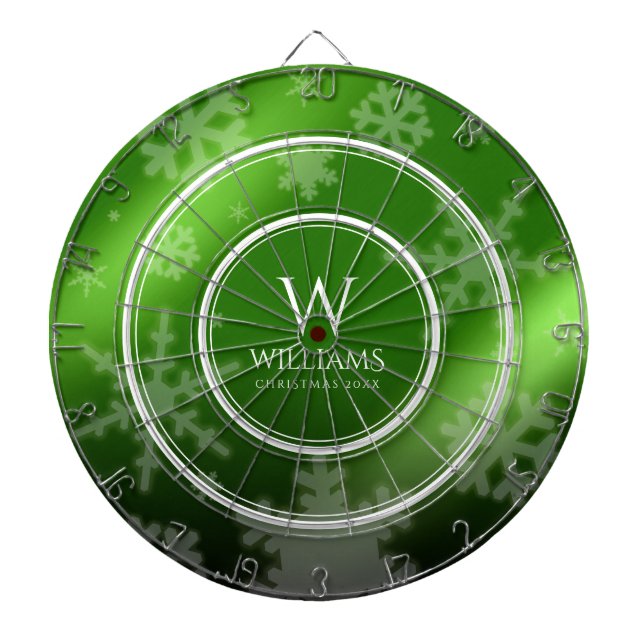 Festive Green Foil Snowflakes Monogram Name Dart Board (Front)