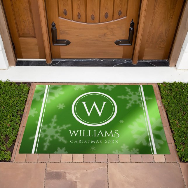 Festive Green Foil Snowflakes Monogram Name Doormat (Outdoor)