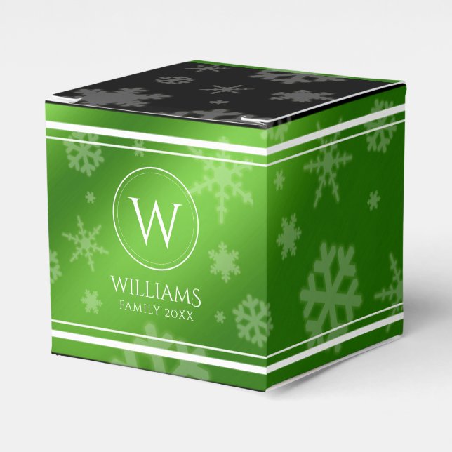 Festive Green Foil Snowflakes Monogram Name Favor Boxes (Front Side)