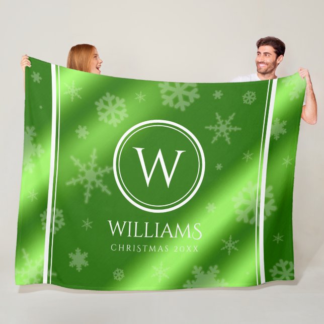Festive Green Foil Snowflakes Monogram Name Fleece Blanket (In Situ)