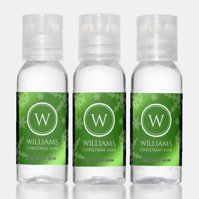 Festive Green Foil Snowflakes Monogram Name Hand Sanitizer (Set)
