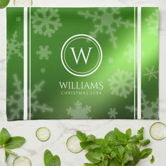 Festive Green Foil Snowflakes Monogram Name Kitchen Towel (Folded)