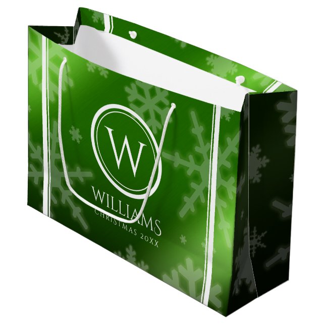 Festive Green Foil Snowflakes Monogram Name Large Gift Bag (Front Angled)