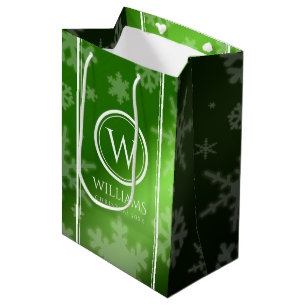 Festive Green Foil Snowflakes Monogram Name Medium Gift Bag