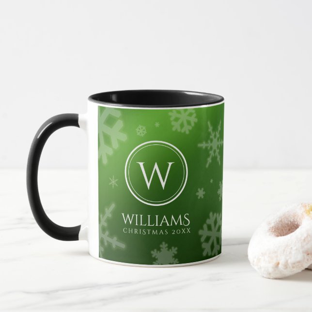 Festive Green Foil Snowflakes Monogram Name Mug (With Donut)