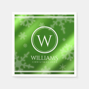 Festive Green Foil Snowflakes Monogram Name Napkins