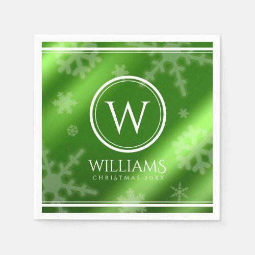 Festive Green Foil Snowflakes Monogram Name Napkins