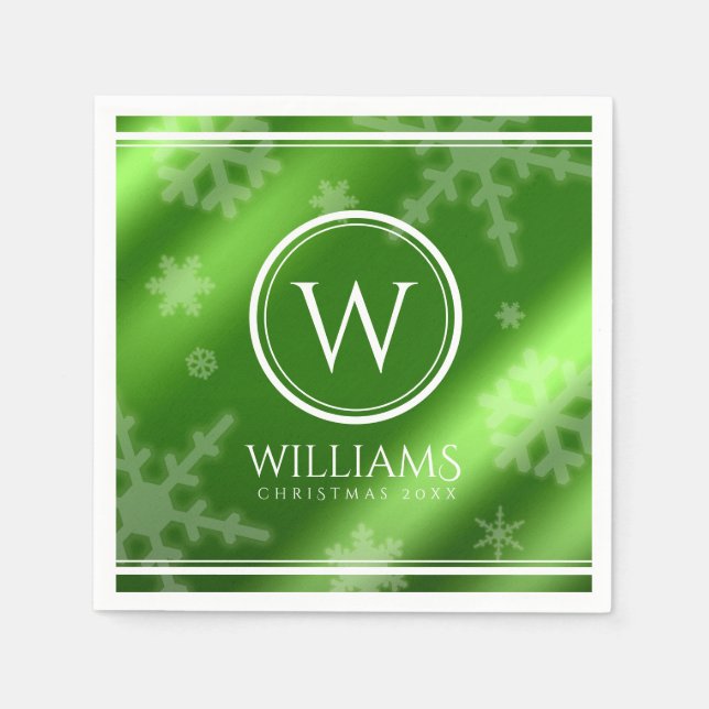 Festive Green Foil Snowflakes Monogram Name Napkins (Front)