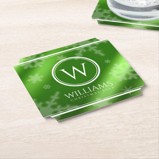 Festive Green Foil Snowflakes Monogram Name Paper Coaster (Angled)