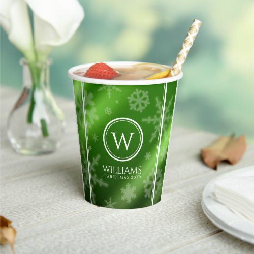 Festive Green Foil Snowflakes Monogram Name Paper Cups