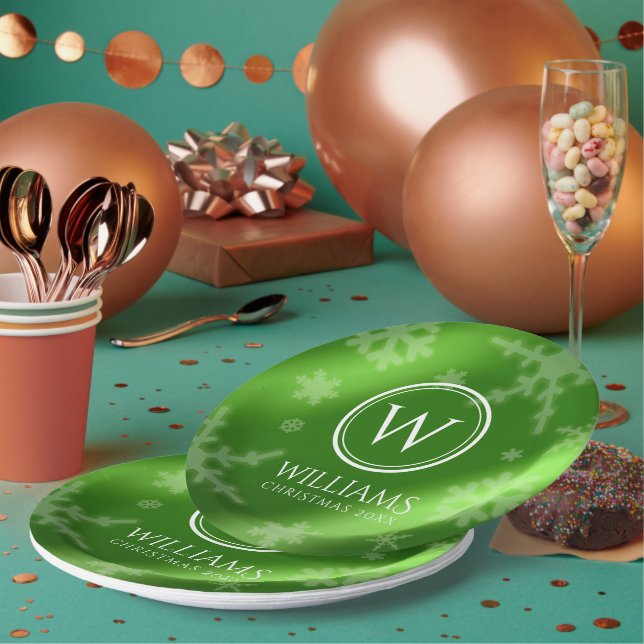 Festive Green Foil Snowflakes Monogram Name Paper Plates (Multi)