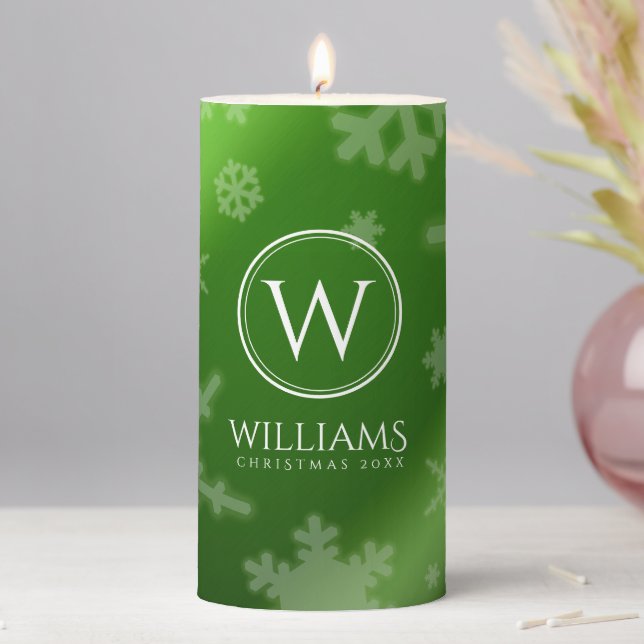 Festive Green Foil Snowflakes Monogram Name Pillar Candle (In Situ)