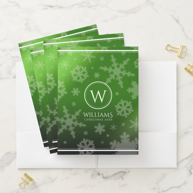 Festive Green Foil Snowflakes Monogram Name Pocket Folder (In Situ)