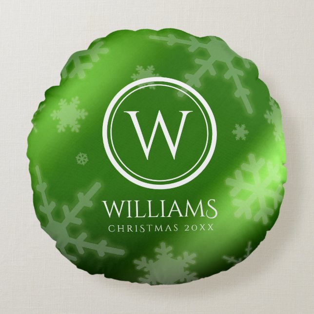 Festive Green Foil Snowflakes Monogram Name Round Pillow (Front)