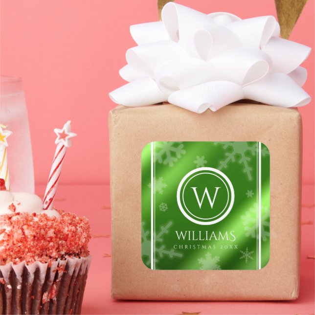 Festive Green Foil Snowflakes Monogram Name Square Sticker (Party)