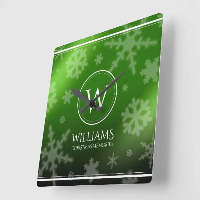 Festive Green Foil Snowflakes Monogram Name Square Wall Clock (Angle)