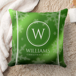 Festive Green Foil Snowflakes Monogram Name Throw Pillow