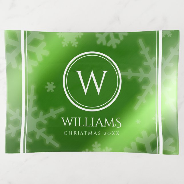 Festive Green Foil Snowflakes Monogram Name Trinket Tray (Front)