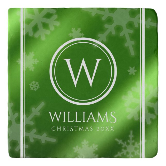 Festive Green Foil Snowflakes Monogram Name Trivet (Front)