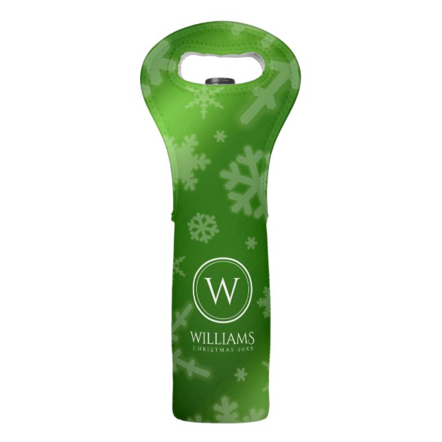 Festive Green Foil Snowflakes Monogram Name Wine Bag (Front)