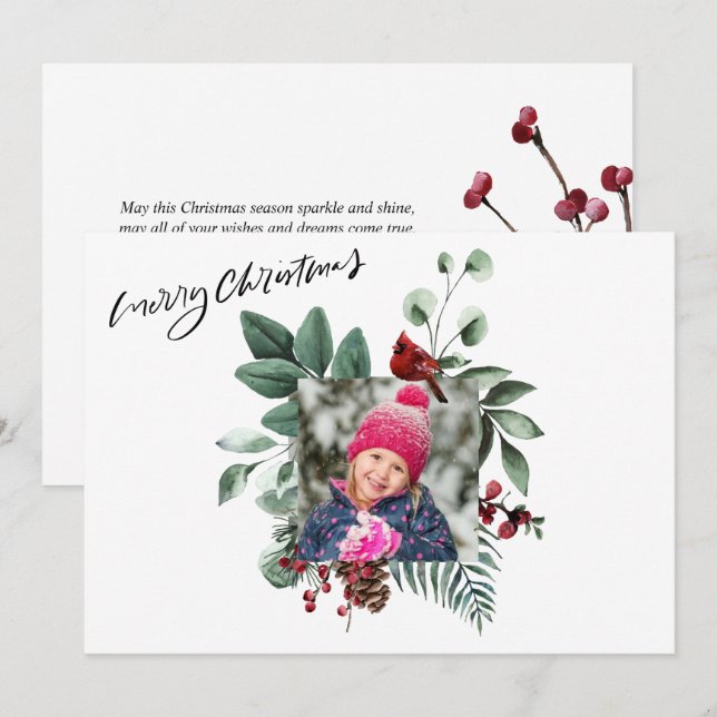 Festive Green Foliage Eucalyptus Red Cardinal Bird Holiday Card (Front/Back)