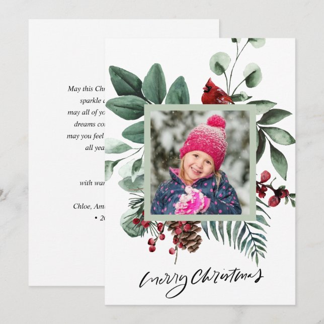 Festive Green Foliage Eucalyptus Red Cardinal Bird Holiday Card (Front/Back)