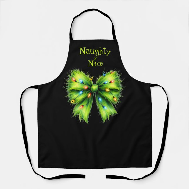 Festive Green Fur Bow-Lights Naughty or Nice Name Apron (Front)