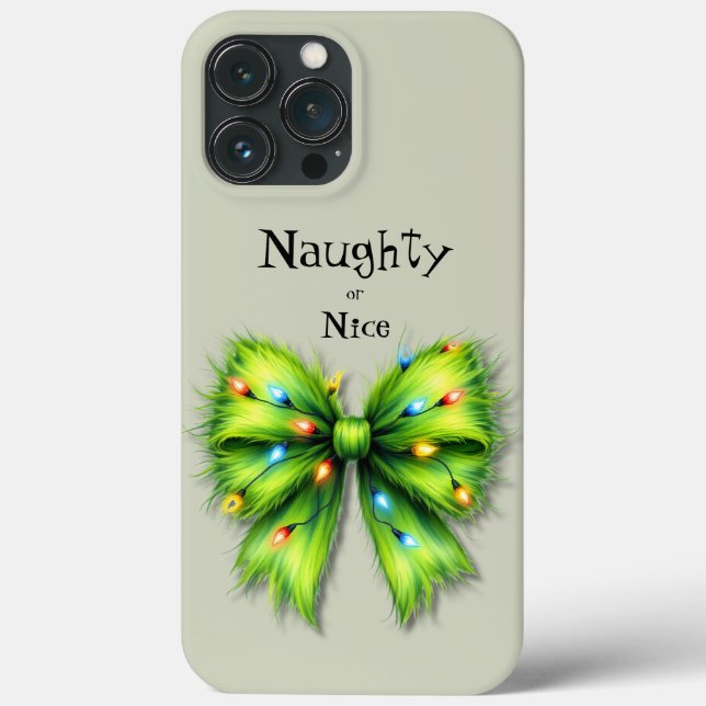 Festive Green Furry Bow-Lights Naughty or Nice Case-Mate iPhone Case (Back)
