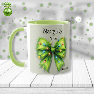 Festive Green Furry Bow-Lights Naughty or Nice Mug