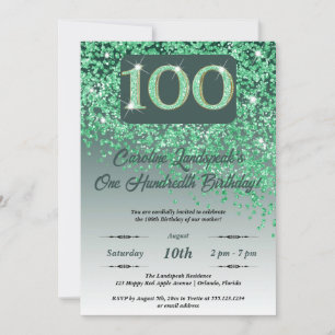 Festive Green Glitter 100th Birthday Invitation