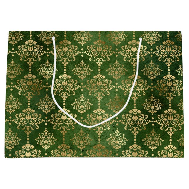 Festive Green & Gold Foil Winter Christmas Damask Large Gift Bag (Front)