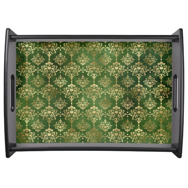 Festive Green & Gold Foil Winter Christmas Damask Serving Tray (Front)
