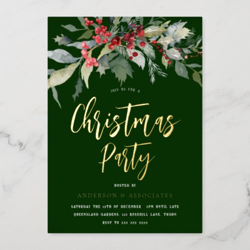 Festive Green  Gold Holiday Christmas Party Foil Invitation