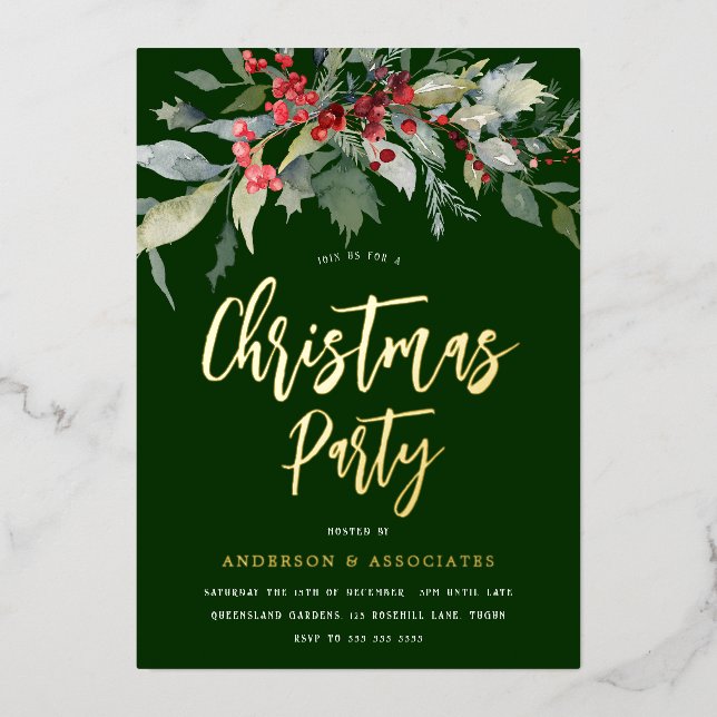Festive Green & Gold Holiday Christmas Party Foil Invitation (Front)