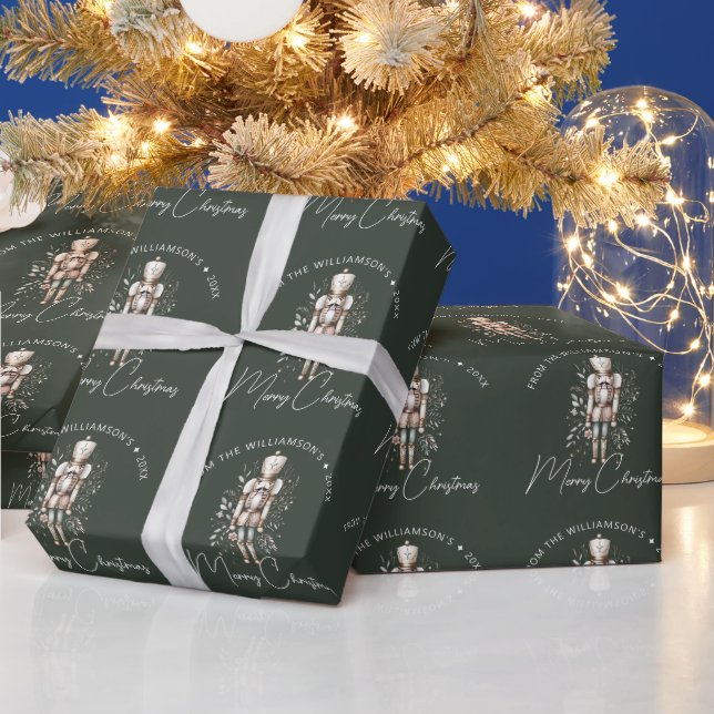 Festive Green Gold Nutcracker Christmas Dark Wrapping Paper (Holidays)