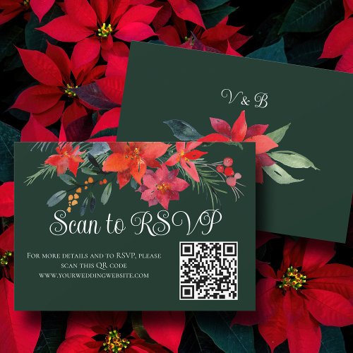 Festive Green Holiday Floral Wedding QR Code RSVP Card