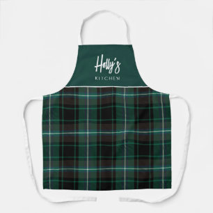 Festive Green Holiday Plaid Christmas Name Apron