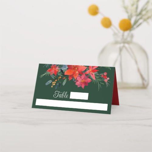 Festive Green Holiday Poinsettia Christmas Wedding Place Card