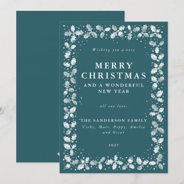 Festive Green Holly + Berry Border Flat Non Photo Holiday Card (Front/Back)