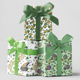 Festive Green Irish Shamrocks, Gold, & Flowers Wrapping Paper Sheets
