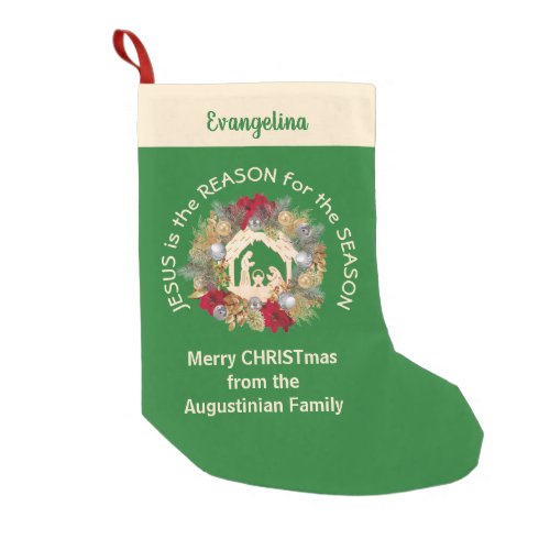 Festive Green JESUS IS THE REASON Small Christmas Stocking