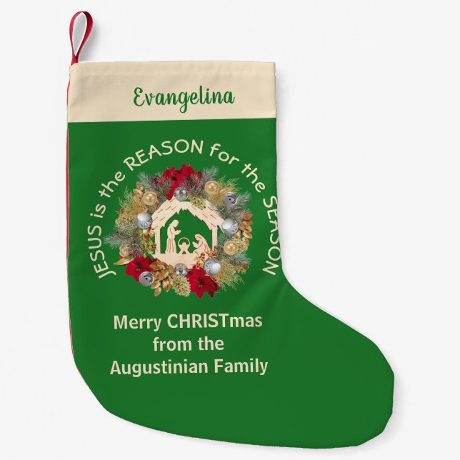 Festive Green JESUS IS THE REASON Small Christmas Stocking (Front)