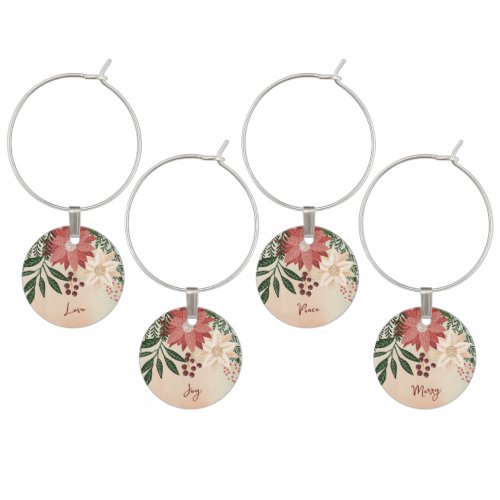 Festive Green Joyful Poinsettia Christmas Holiday Wine Charm