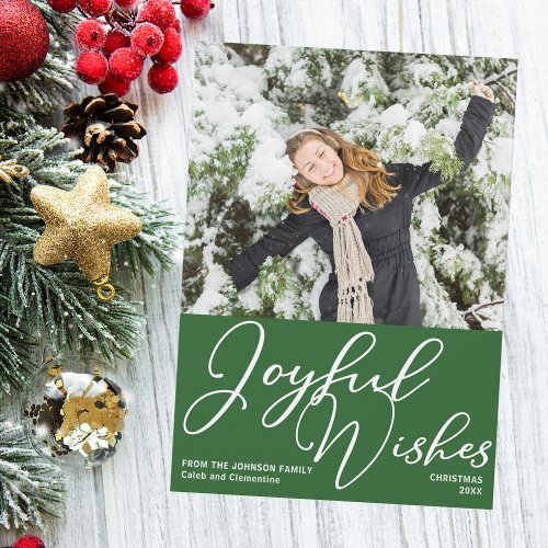 Festive Green Joyful Wishes Christmas Family Photo Holiday Card