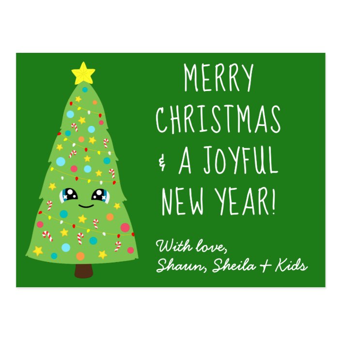 Festive Green Kawaii Christmas Tree Merry Xmas Postcard Zazzle Com