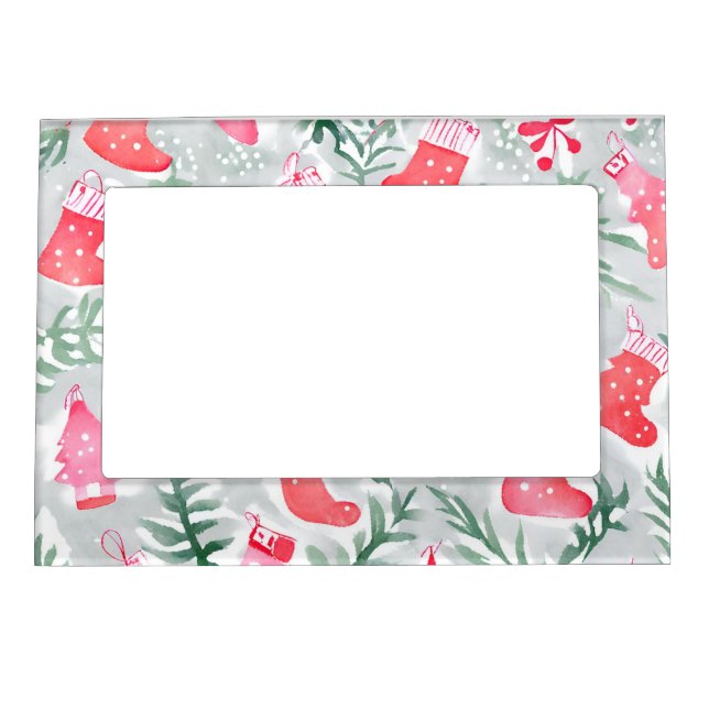 Festive Green Leaves Red Christmas Stockings Magnetic Frame (Front)