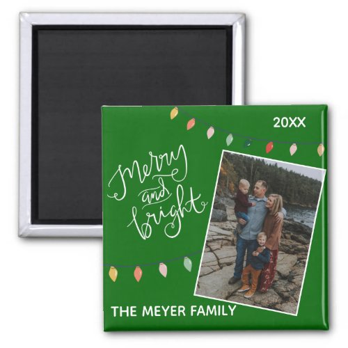 Festive Green Merry and Bright Christmas Lights Magnet