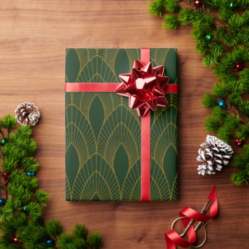 Festive Green Modern Art Deco Gold Pattern 106 Wrapping Paper