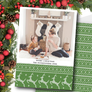 Festive Green Nordic Sweater Reindeer Pattern Holiday Card