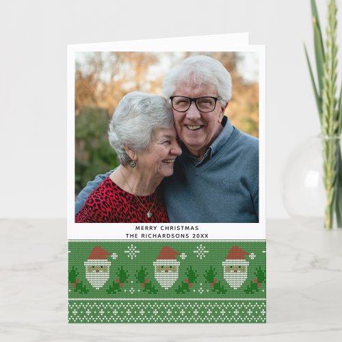 Festive Green Nordic Sweater Santa Face Pattern Holiday Card